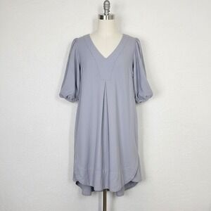 Cynthia Rowley Linen Blend V Neck Puff Sleeve Midi Dress Blue Gray Medium